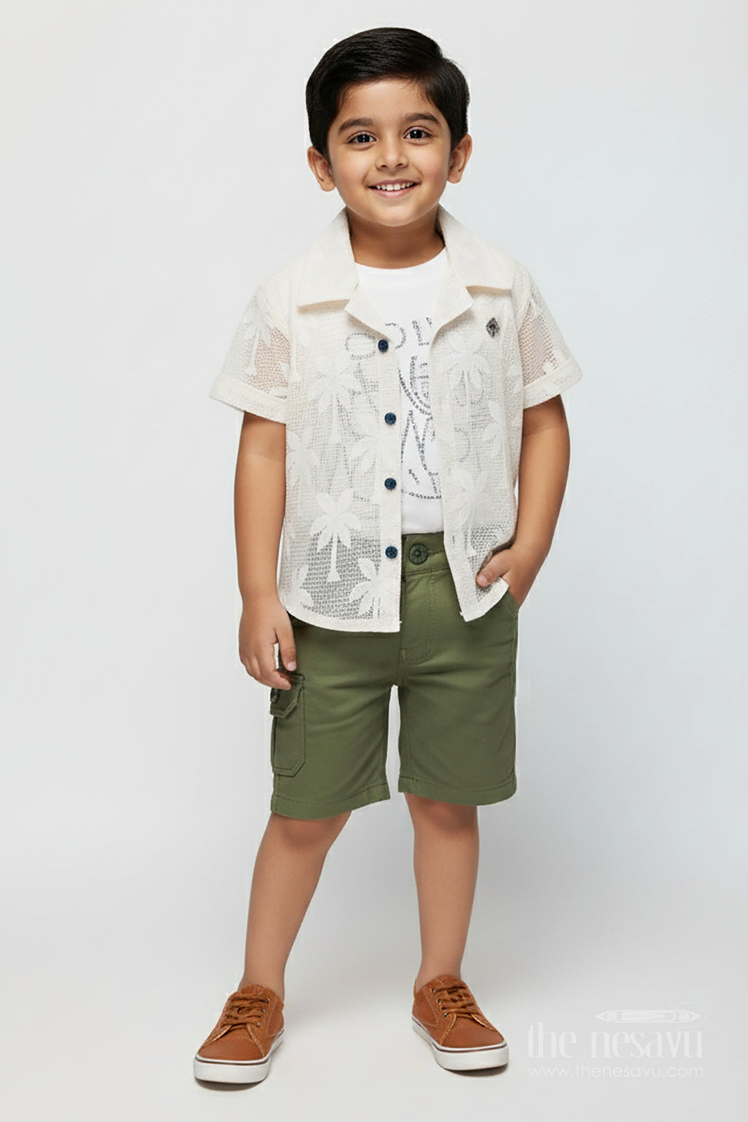 The Nesavu Boys Casual Set Trendy Cotton Boys Outfits with Embroidered Shirt and Graphic Tee in White and Green Combo Nesavu 14 (6M) / Green BCS275B-14 Nesavu Stylish Boys Green Shorts Set White Graphic Tee Embroidered Shirt boys outfits
