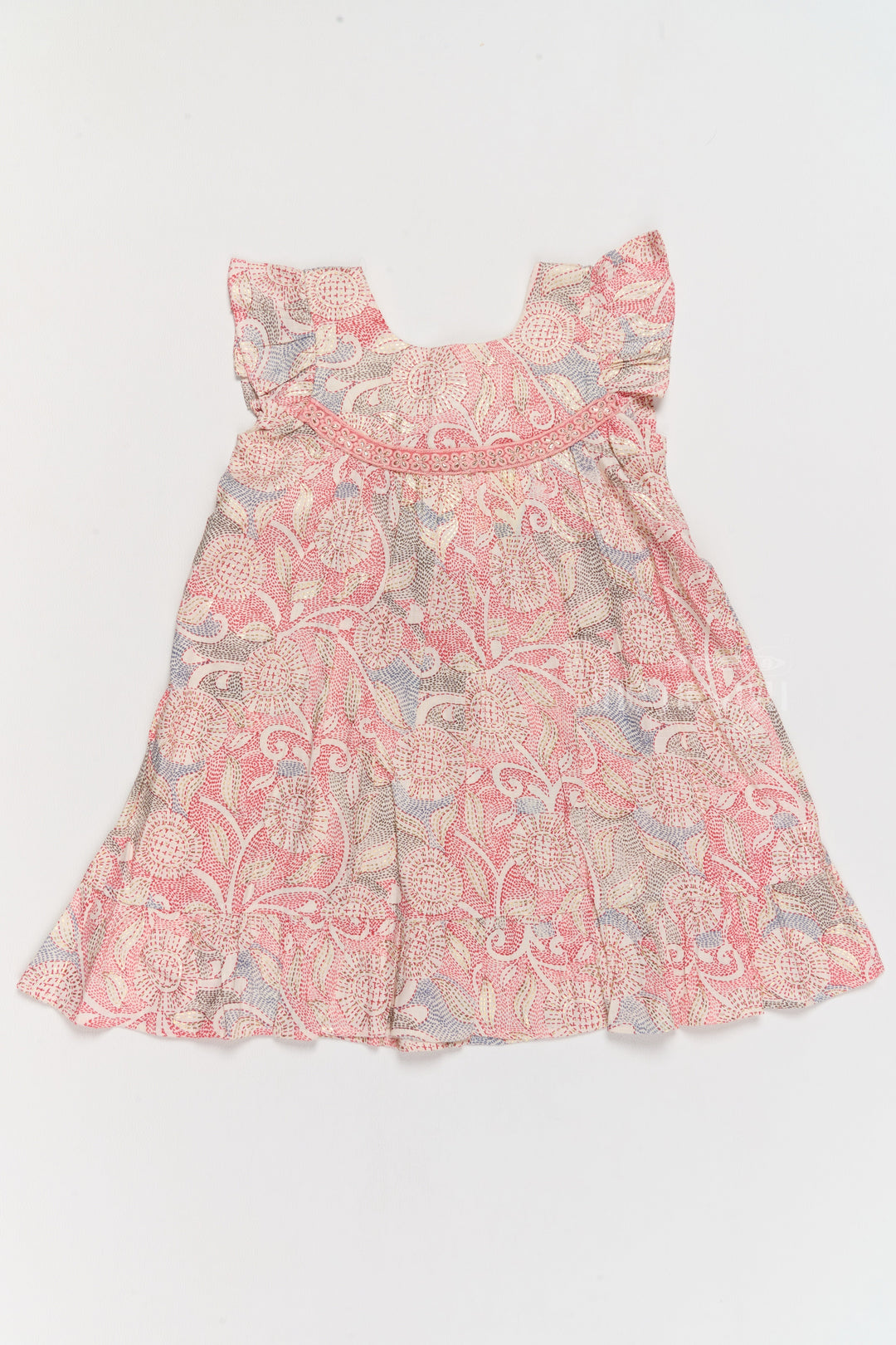 The Nesavu Girls Cotton Frock Trendy Girls Casual Cotton Dress with Chic Floral Patterns and Soft Rayon Fabric Nesavu Girls Casual Cotton Dress Earthy Floral Print Lace Details Ruffle Hemline | The Nesavu