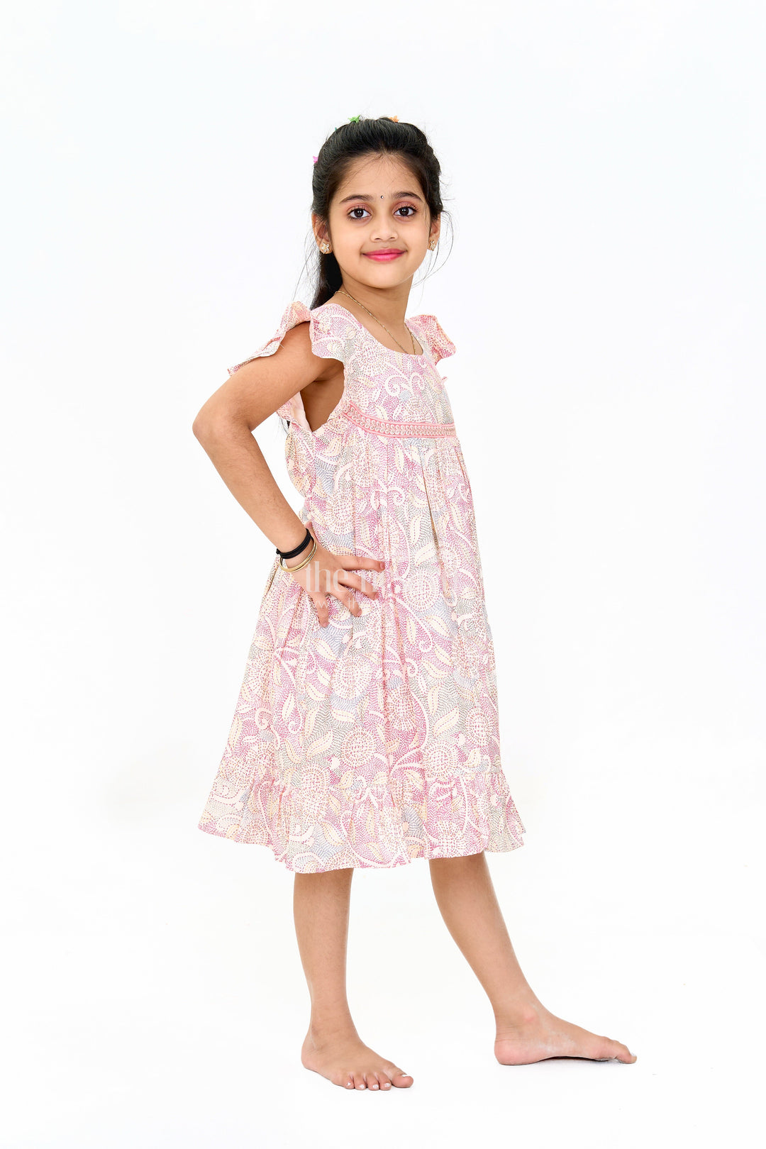 The Nesavu Girls Cotton Frock Trendy Girls Casual Cotton Dress with Chic Floral Patterns and Soft Rayon Fabric Nesavu Girls Casual Cotton Dress Earthy Floral Print Lace Details Ruffle Hemline | The Nesavu