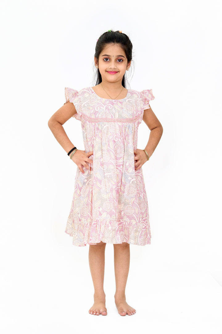 The Nesavu Girls Cotton Frock Trendy Girls Casual Cotton Dress with Chic Floral Patterns and Soft Rayon Fabric Nesavu Girls Casual Cotton Dress Earthy Floral Print Lace Details Ruffle Hemline | The Nesavu