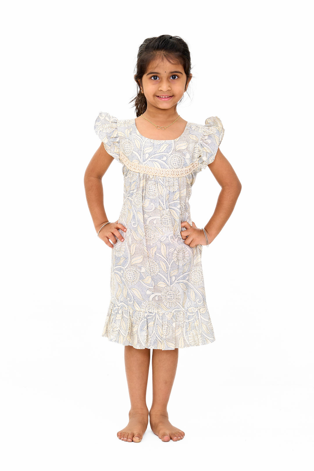 The Nesavu Girls Cotton Frock Trendy Girls Cotton Fashion Dress with Elegant Floral Pattern and Ruffled Details Nesavu 16 (1Y) / Green GFC1549D-16 Girls Cotton Fashion Dress Pastel Floral Print Ruffled Hem Lace Detailing | The Nesavu