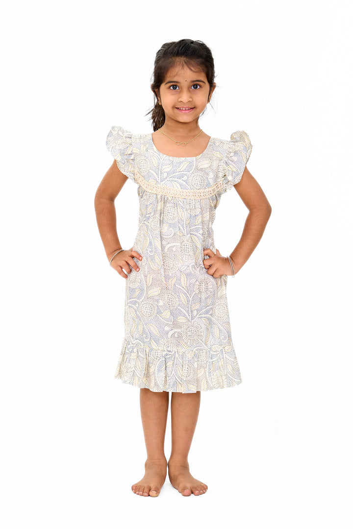 The Nesavu Girls Cotton Frock Trendy Girls Cotton Fashion Dress with Elegant Floral Pattern and Ruffled Details Nesavu 16 (1Y) / Green GFC1549D-16 Girls Cotton Fashion Dress Pastel Floral Print Ruffled Hem Lace Detailing | The Nesavu
