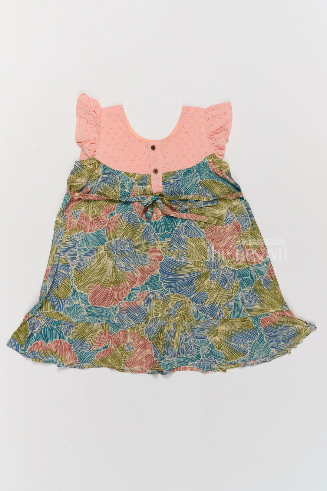 The Nesavu Girls Cotton Frock Trendy Girls Cotton New Dress with Vibrant Leaf Print and Lace Yoke Nesavu Girls Cotton New Dress Bold Leaf Print Flutter Sleeves Lace Detailing | The Nesavu