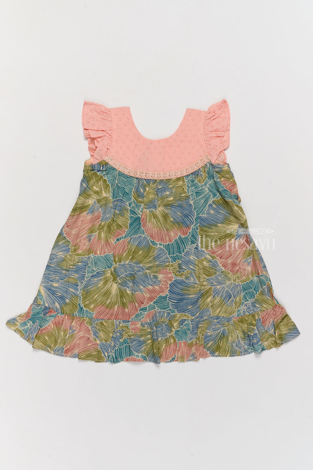 The Nesavu Girls Cotton Frock Trendy Girls Cotton New Dress with Vibrant Leaf Print and Lace Yoke Nesavu Girls Cotton New Dress Bold Leaf Print Flutter Sleeves Lace Detailing | The Nesavu