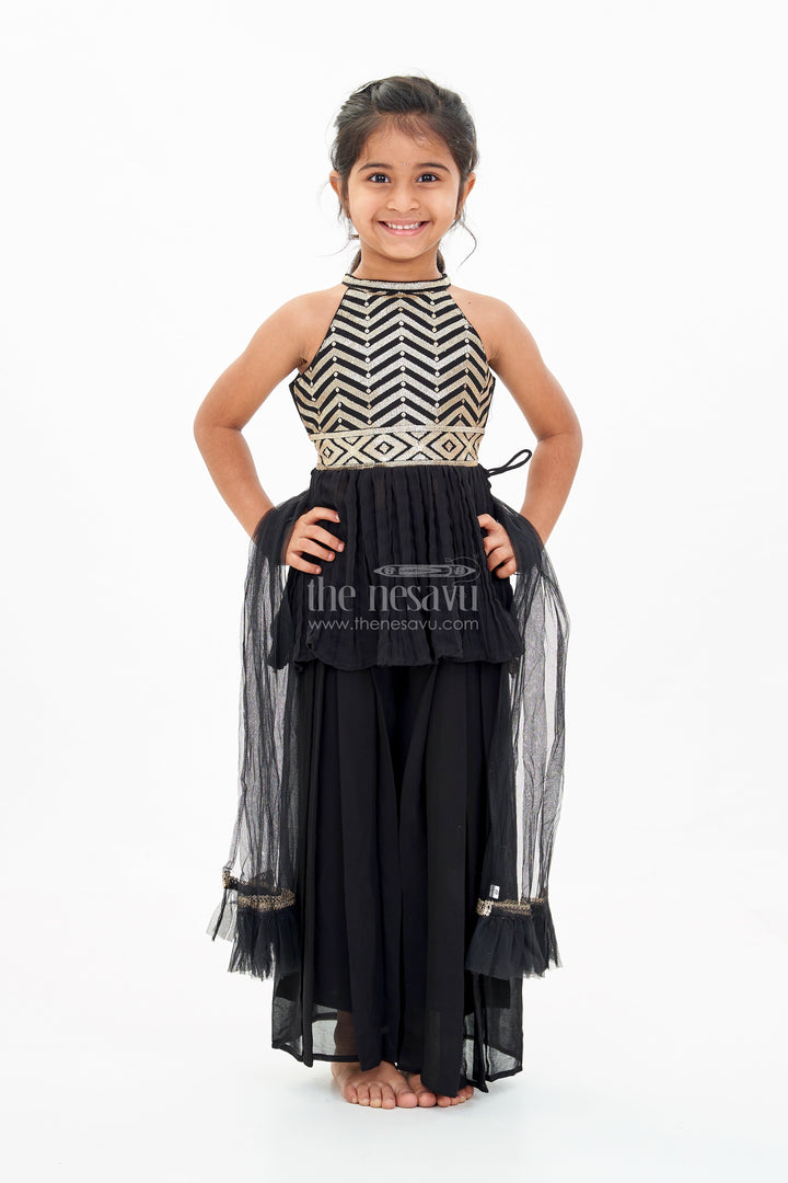 The Nesavu Girls Sharara / Plazo Set Trendy Green Plazo Set for Girls with Georgette Embroidery and Sequin Work Nesavu 16 (1Y) / Green GPS538A-16 Trendy Green Plazo Set Girls Georgette Embroidery Sequin Work | The Nesavu