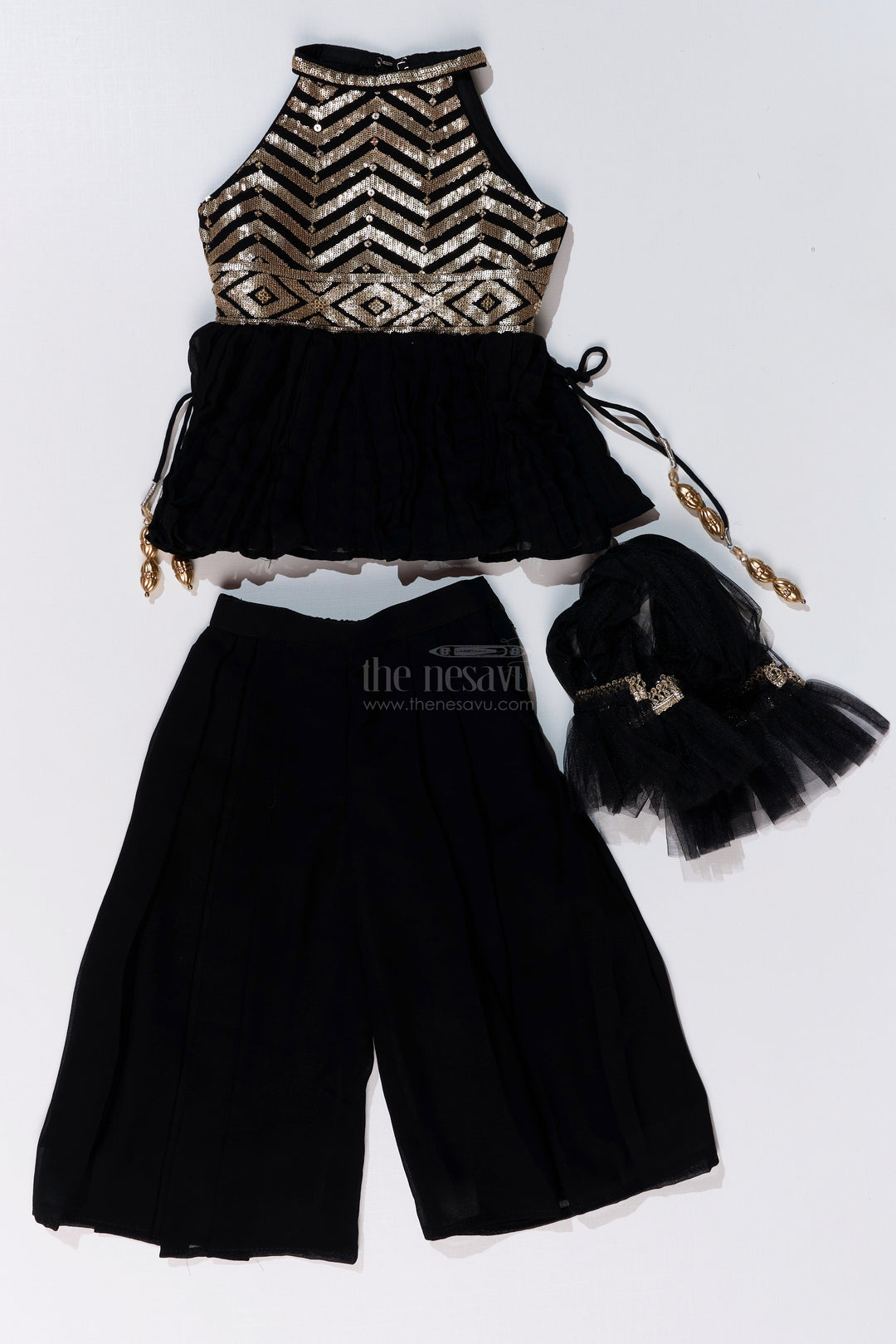 The Nesavu Girls Sharara / Plazo Set Trendy Green Plazo Set for Girls with Georgette Embroidery and Sequin Work Nesavu Trendy Green Plazo Set Girls Georgette Embroidery Sequin Work | The Nesavu