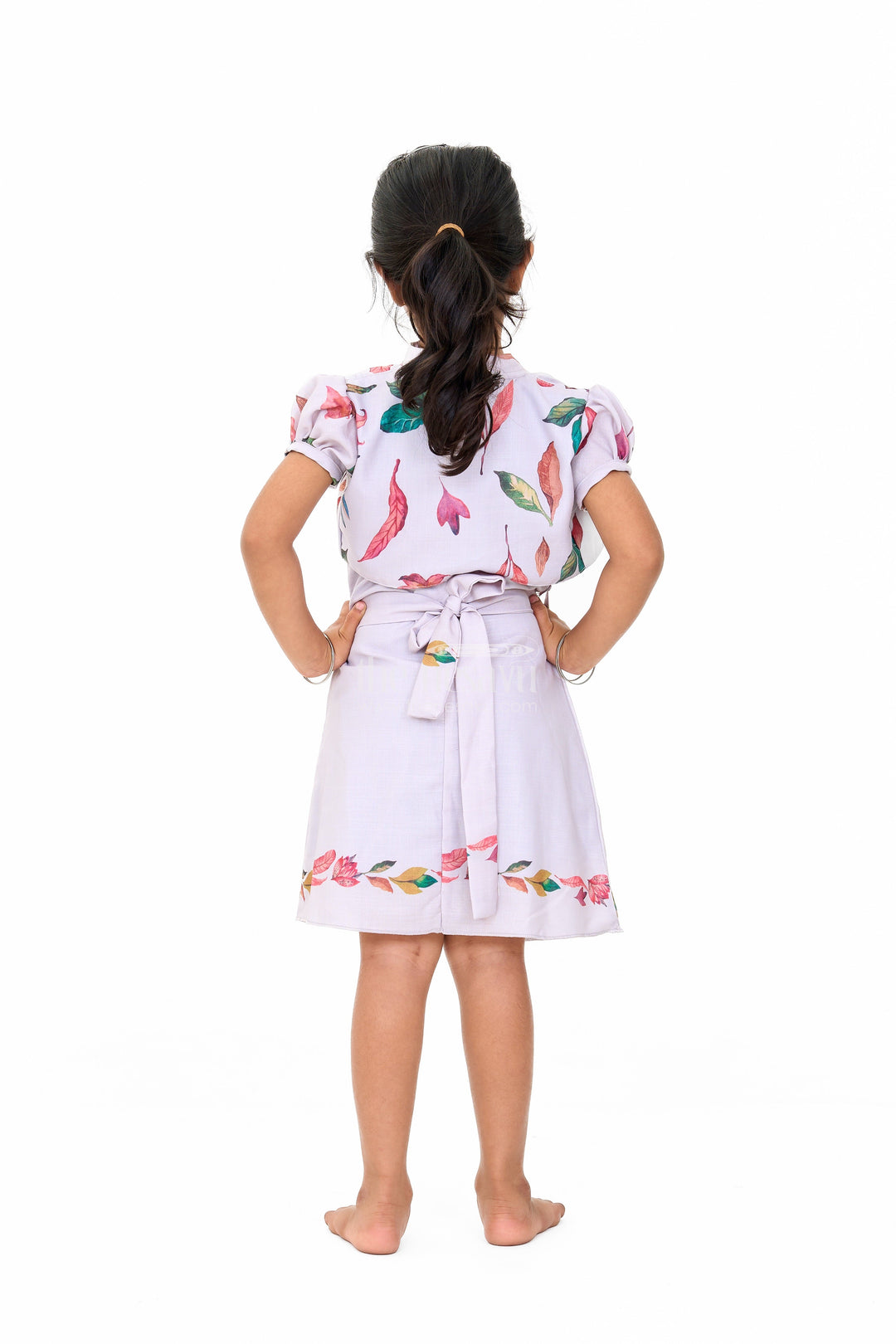 The Nesavu Girls Cotton Frock Trendy Indo Western Girls Cotton Frock with Floral Patterns and Waist Tie-Up Nesavu Indo Western Girls Cotton Frock Floral Pleats Belt | The Nesavu