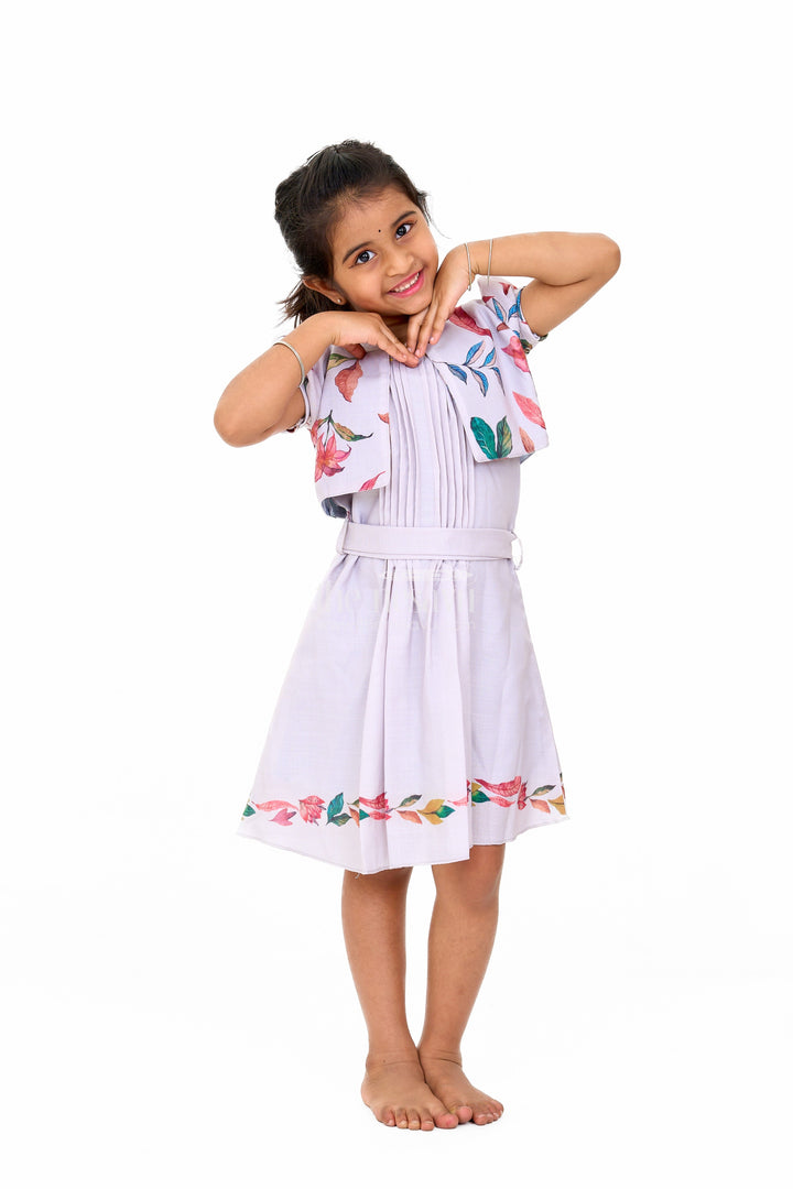 The Nesavu Girls Cotton Frock Trendy Indo Western Girls Cotton Frock with Floral Patterns and Waist Tie-Up Nesavu Indo Western Girls Cotton Frock Floral Pleats Belt | The Nesavu