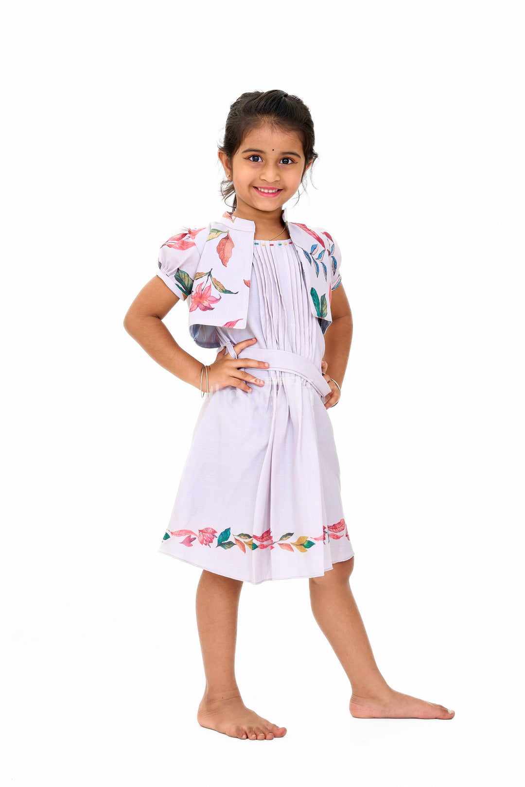 The Nesavu Girls Cotton Frock Trendy Indo Western Girls Cotton Frock with Floral Patterns and Waist Tie-Up Nesavu Indo Western Girls Cotton Frock Floral Pleats Belt | The Nesavu