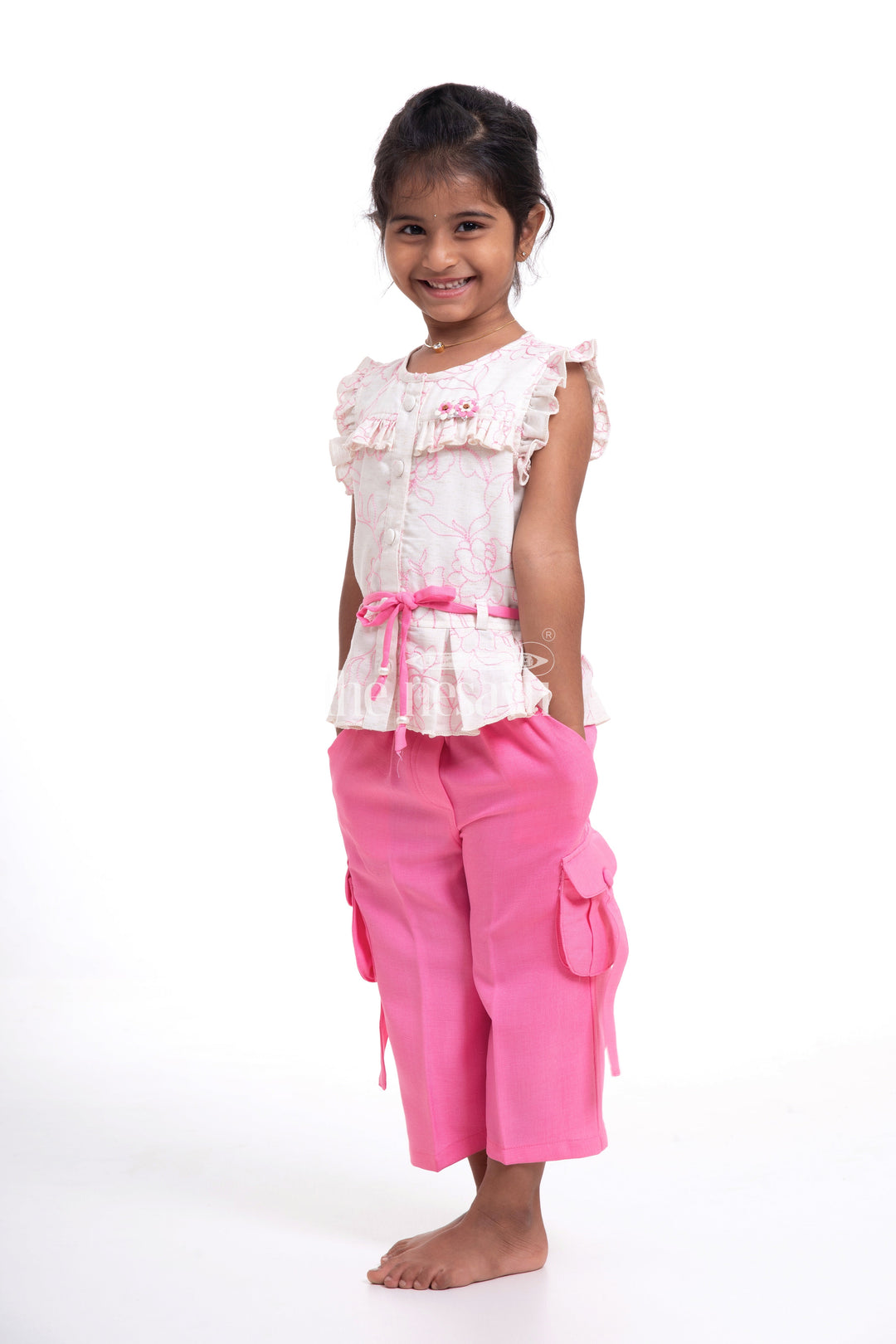 The Nesavu Girls Sharara / Plazo Set Trendy Linen Cotton Co-ord Set with Pink Capri Pants for Girls Nesavu Trendy Linen Cotton Co-ord Set for Girls with Pink Capri Pants