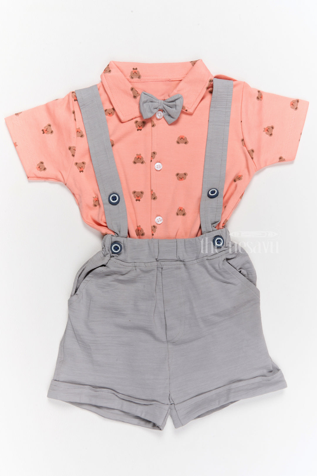 The Nesavu Baby Casual Sets Trendy Newborn Clothes Peach Bow Tie Shirt with Grey Suspender Shorts Set Nesavu 14 (6M) / Peach BCS195A-14 Trendy Newborn Clothes Peach Bow Tie Shirt Grey Suspender Shorts | The Nesavu