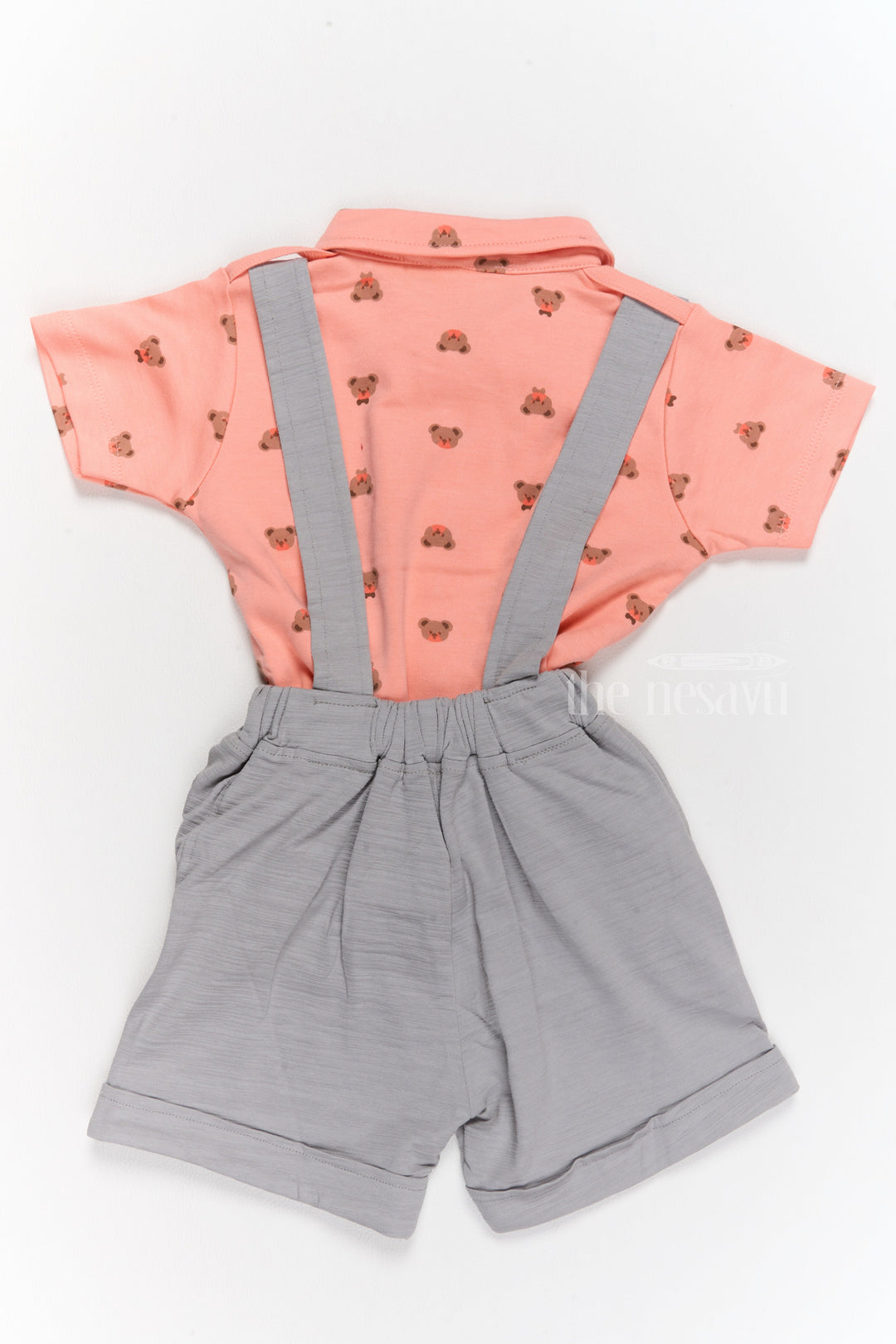 The Nesavu Baby Casual Sets Trendy Newborn Clothes Peach Bow Tie Shirt with Grey Suspender Shorts Set Nesavu Trendy Newborn Clothes Peach Bow Tie Shirt Grey Suspender Shorts | The Nesavu