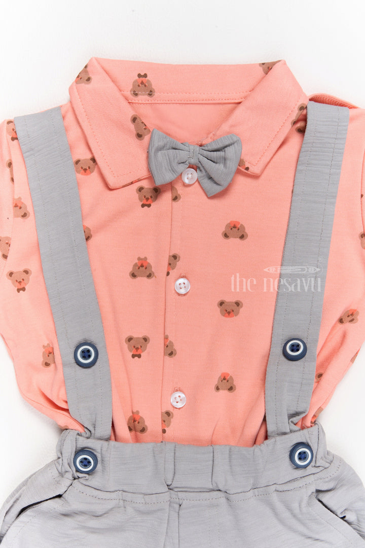The Nesavu Baby Casual Sets Trendy Newborn Clothes Peach Bow Tie Shirt with Grey Suspender Shorts Set Nesavu Trendy Newborn Clothes Peach Bow Tie Shirt Grey Suspender Shorts | The Nesavu
