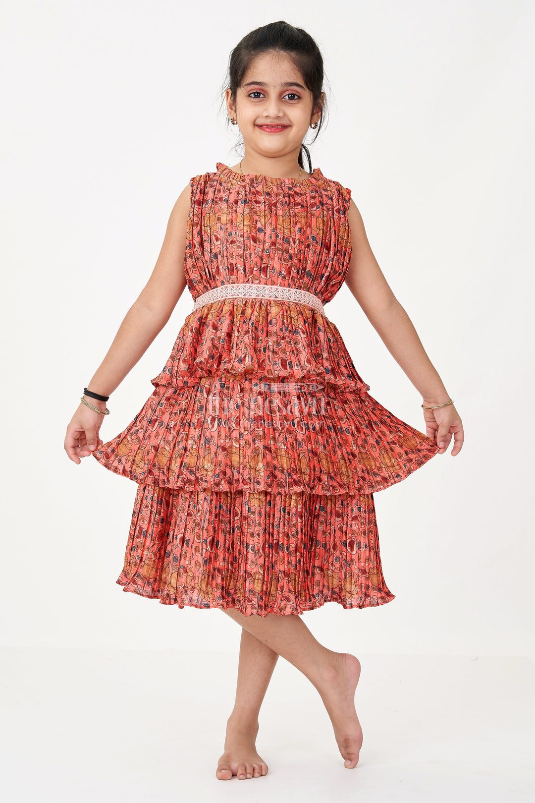 The Nesavu Girls Fancy Frock Trendy Online Frock for Girls with Pleated Chinon Silk and Ruffled Layers Nesavu 16 (1Y) / Red GFC1639C-16 Nesavu Trendy Online Frock Girls Pleated Chinon Silk Ruffled Layers