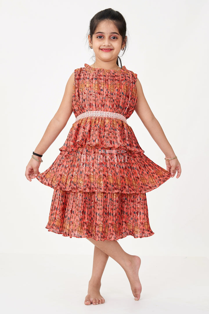 The Nesavu Girls Fancy Frock Trendy Online Frock for Girls with Pleated Chinon Silk and Ruffled Layers Nesavu 16 (1Y) / Red GFC1639C-16 Nesavu Trendy Online Frock Girls Pleated Chinon Silk Ruffled Layers