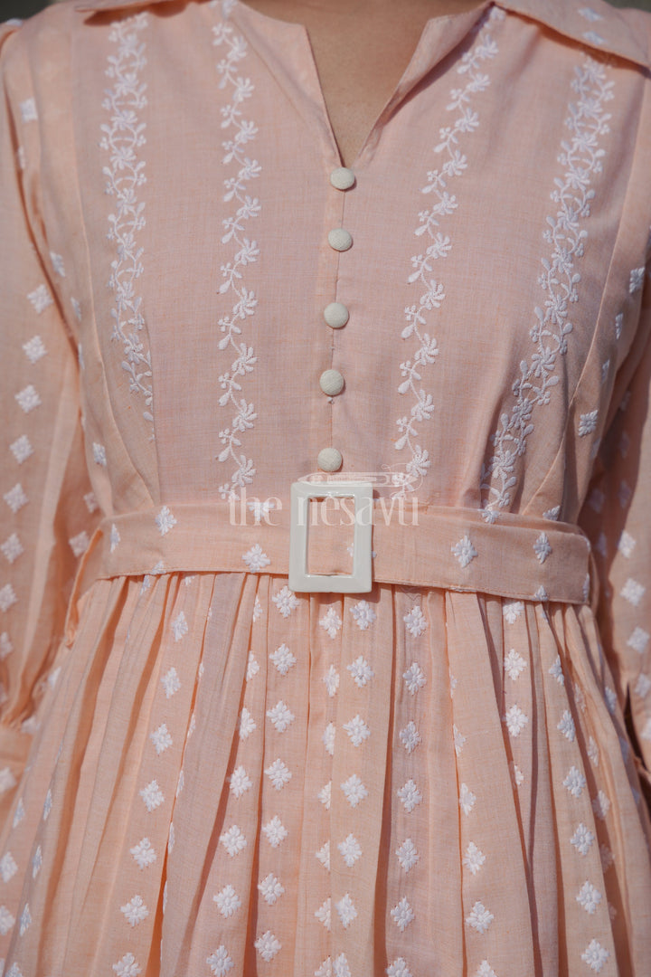 The Nesavu Womens Flared Kurthas Trendy Peach Womens Elsa Dress in Georgette with Embroidery and Pleated Details Nesavu Peach Georgette Womens Elsa Dress Pleated Skirt Embroidery Casual Gatherings | The Nesavu