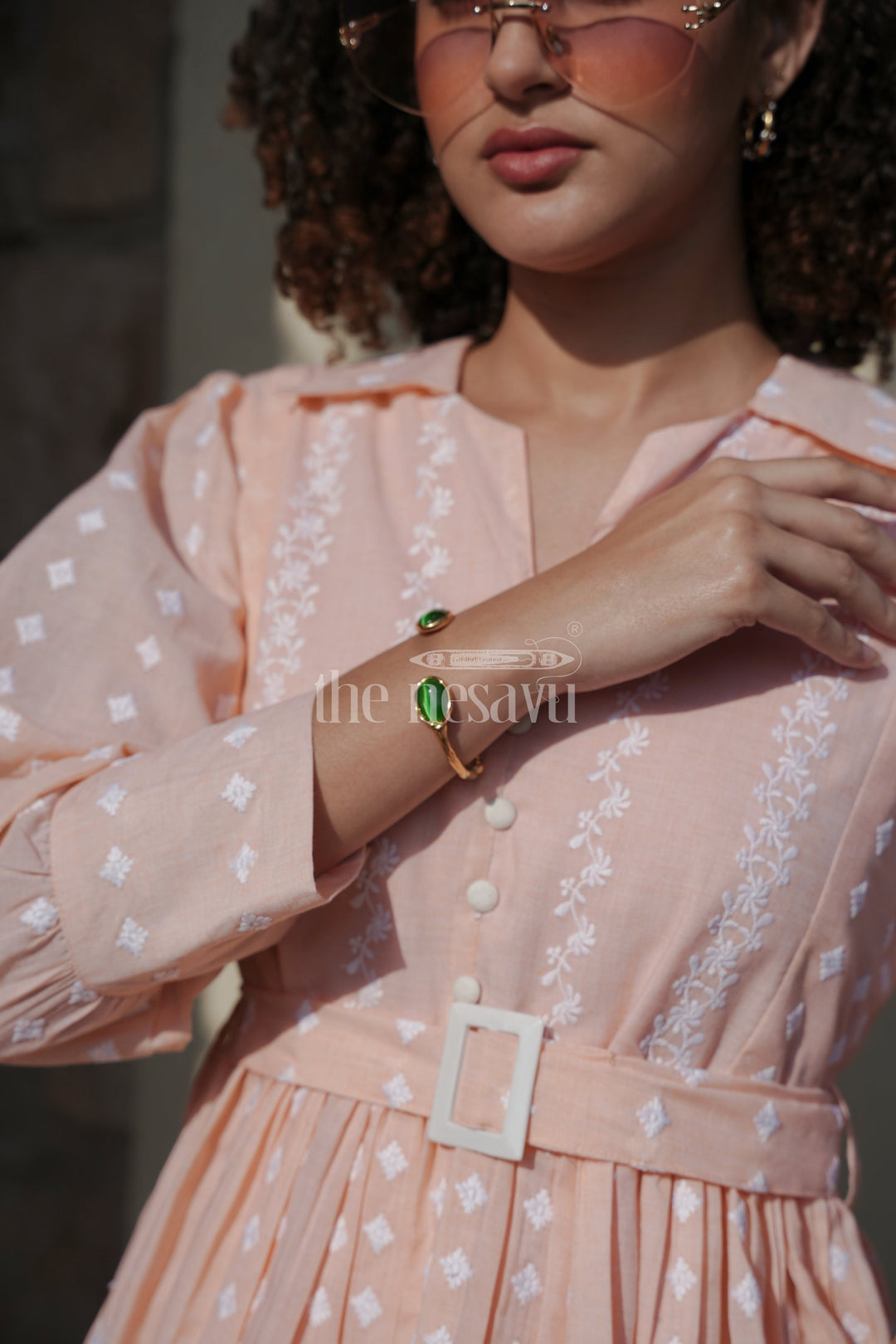 The Nesavu Womens Flared Kurthas Trendy Peach Womens Elsa Dress in Georgette with Embroidery and Pleated Details Nesavu Peach Georgette Womens Elsa Dress Pleated Skirt Embroidery Casual Gatherings | The Nesavu