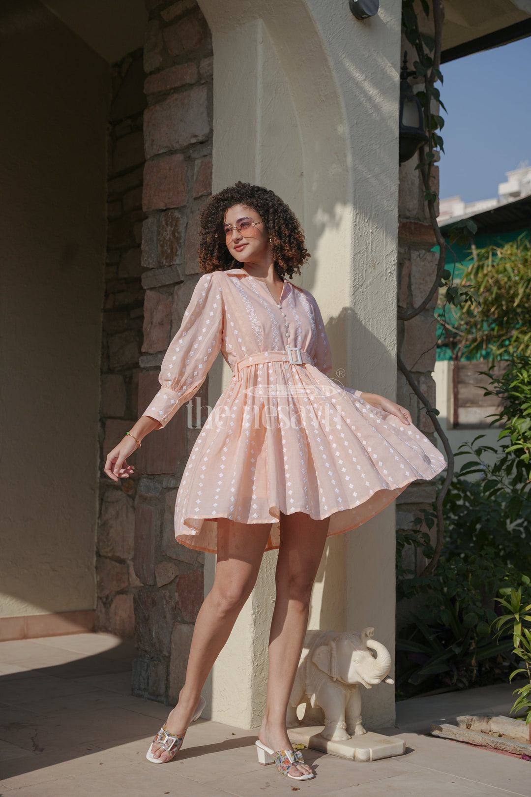 The Nesavu Womens Flared Kurthas Trendy Peach Womens Elsa Dress in Georgette with Embroidery and Pleated Details Nesavu Peach Georgette Womens Elsa Dress Pleated Skirt Embroidery Casual Gatherings | The Nesavu