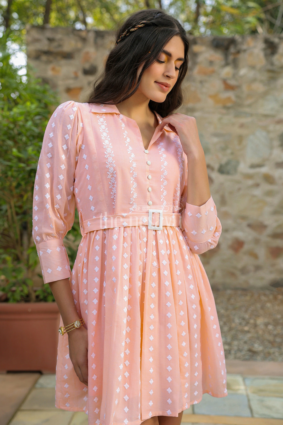 The Nesavu Womens Flared Kurthas Trendy Peach Womens Elsa Dress in Georgette with Embroidery and Pleated Details Nesavu Peach Georgette Womens Elsa Dress Pleated Skirt Embroidery Casual Gatherings | The Nesavu