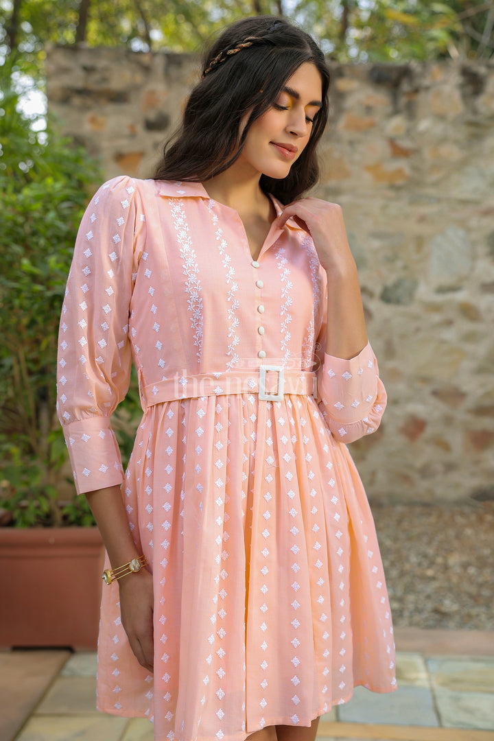 The Nesavu Womens Flared Kurthas Trendy Peach Womens Elsa Dress in Georgette with Embroidery and Pleated Details Nesavu Peach Georgette Womens Elsa Dress Pleated Skirt Embroidery Casual Gatherings | The Nesavu