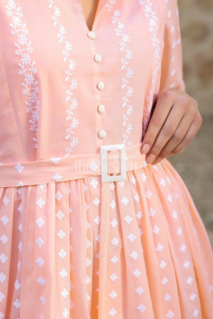 The Nesavu Womens Flared Kurthas Trendy Peach Womens Elsa Dress in Georgette with Embroidery and Pleated Details Nesavu Peach Georgette Womens Elsa Dress Pleated Skirt Embroidery Casual Gatherings | The Nesavu