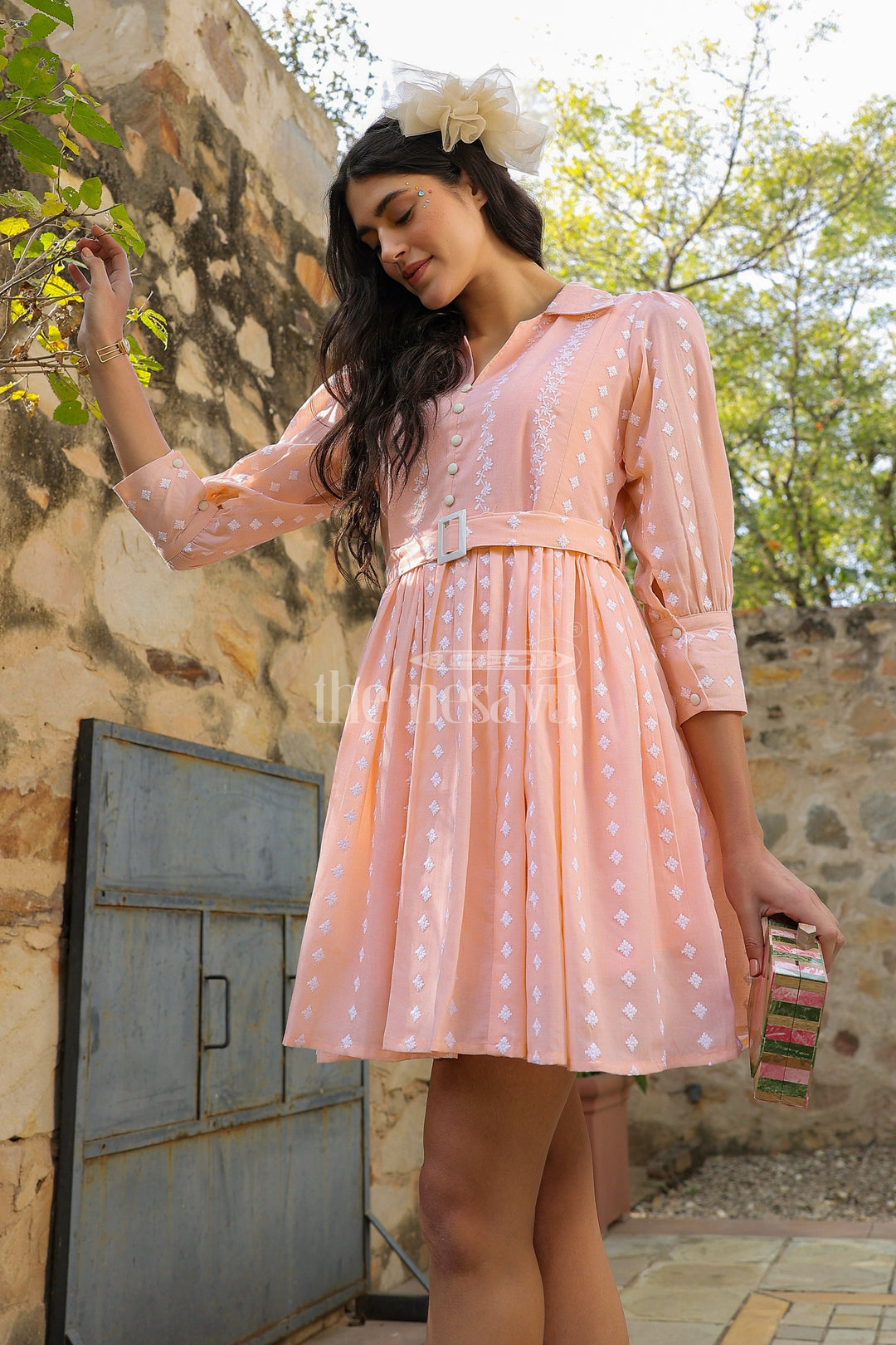 The Nesavu Womens Flared Kurthas Trendy Peach Womens Elsa Dress in Georgette with Embroidery and Pleated Details Nesavu Peach Georgette Womens Elsa Dress Pleated Skirt Embroidery Casual Gatherings | The Nesavu