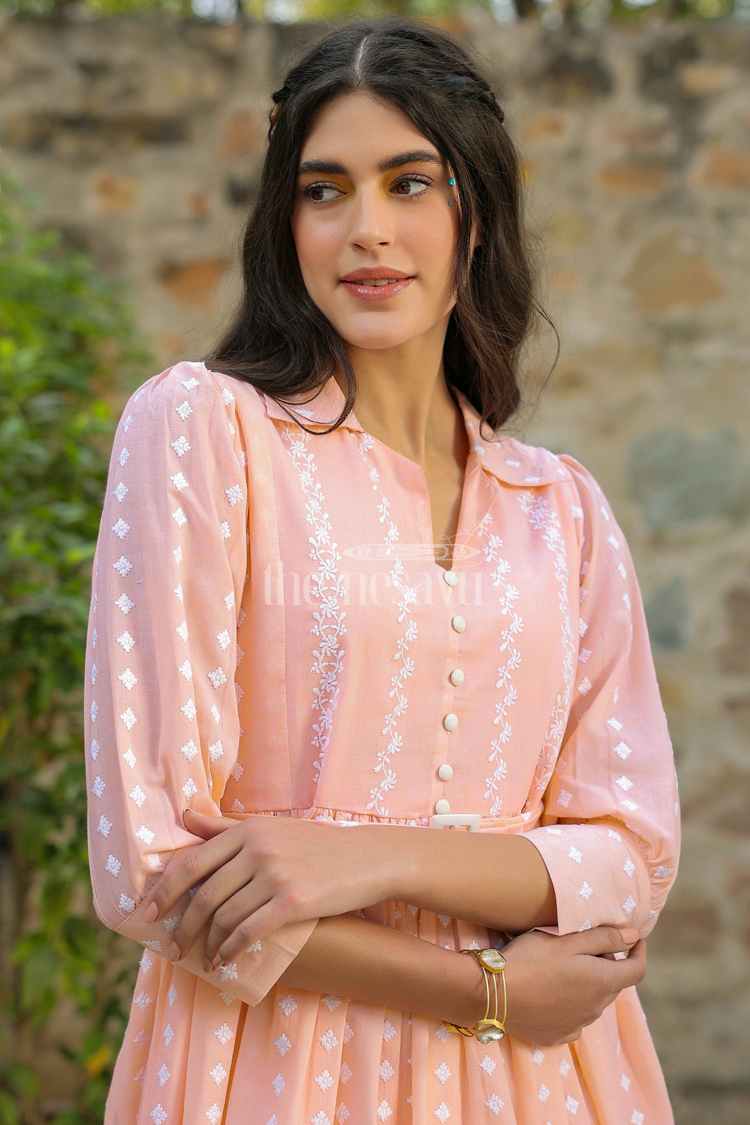 The Nesavu Womens Flared Kurthas Trendy Peach Womens Elsa Dress in Georgette with Embroidery and Pleated Details Nesavu Peach Georgette Womens Elsa Dress Pleated Skirt Embroidery Casual Gatherings | The Nesavu