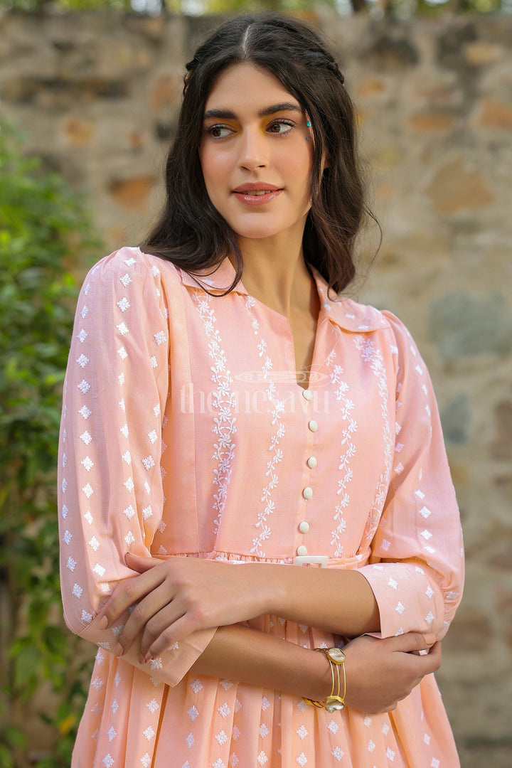 The Nesavu Womens Flared Kurthas Trendy Peach Womens Elsa Dress in Georgette with Embroidery and Pleated Details Nesavu Peach Georgette Womens Elsa Dress Pleated Skirt Embroidery Casual Gatherings | The Nesavu