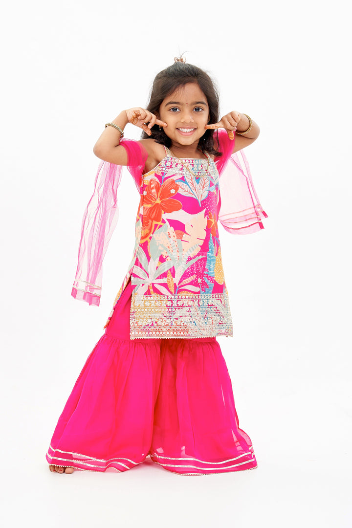 The Nesavu Girls Sharara / Plazo Set Trendy Pink Plazo with Kurti Set for Girls with Digital Floral Print and Embellished Dupatta Nesavu 16 (1Y) / Pink GPS536A-16 Trendy Pink Plazo Kurti Set Girls Digital Floral Print Embellished Dupatta | The Nesavu