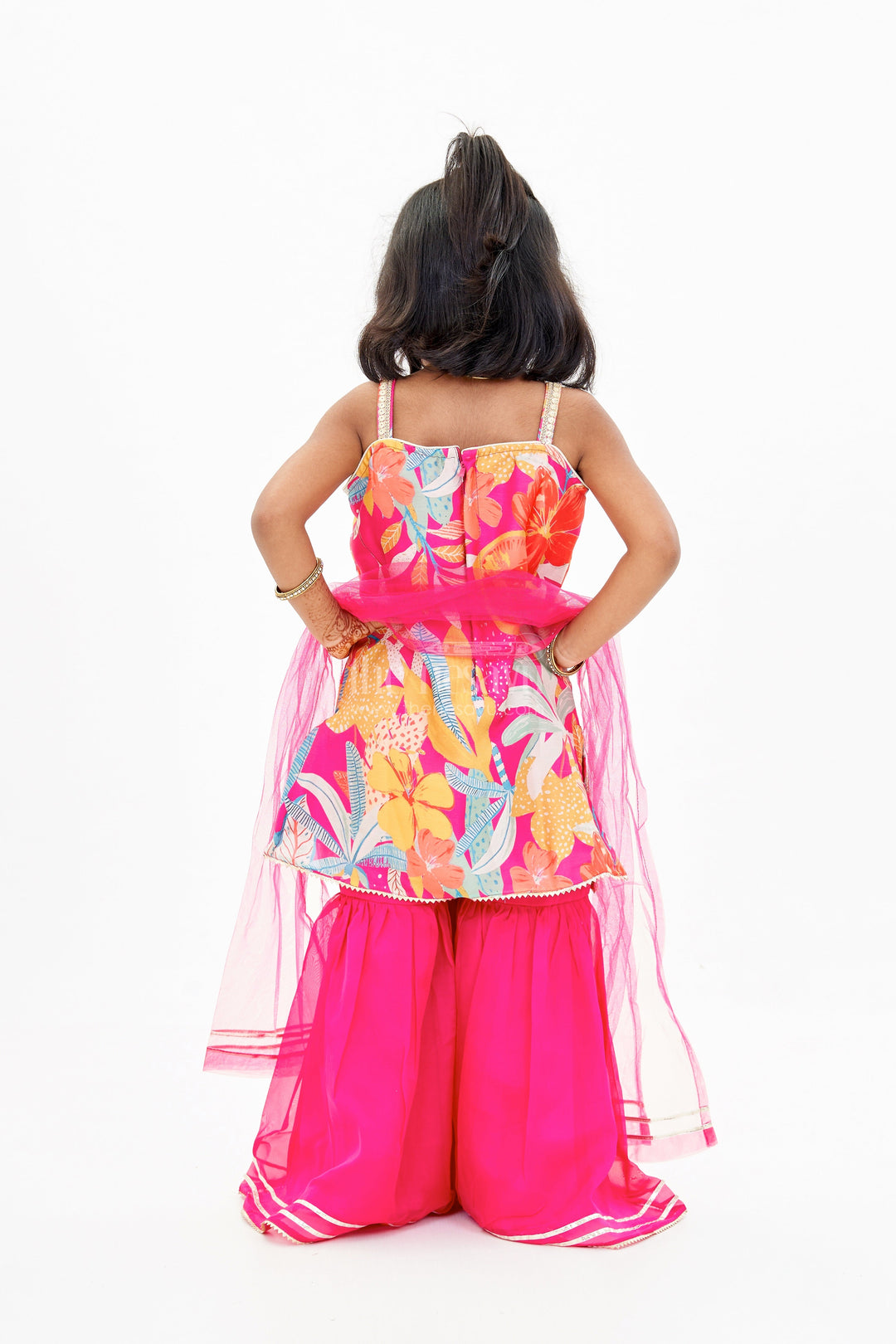 The Nesavu Girls Sharara / Plazo Set Trendy Pink Plazo with Kurti Set for Girls with Digital Floral Print and Embellished Dupatta Nesavu Nesavu Trendy Pink Plazo Kurti Set Girls Digital Floral Print Embellished Dupatta