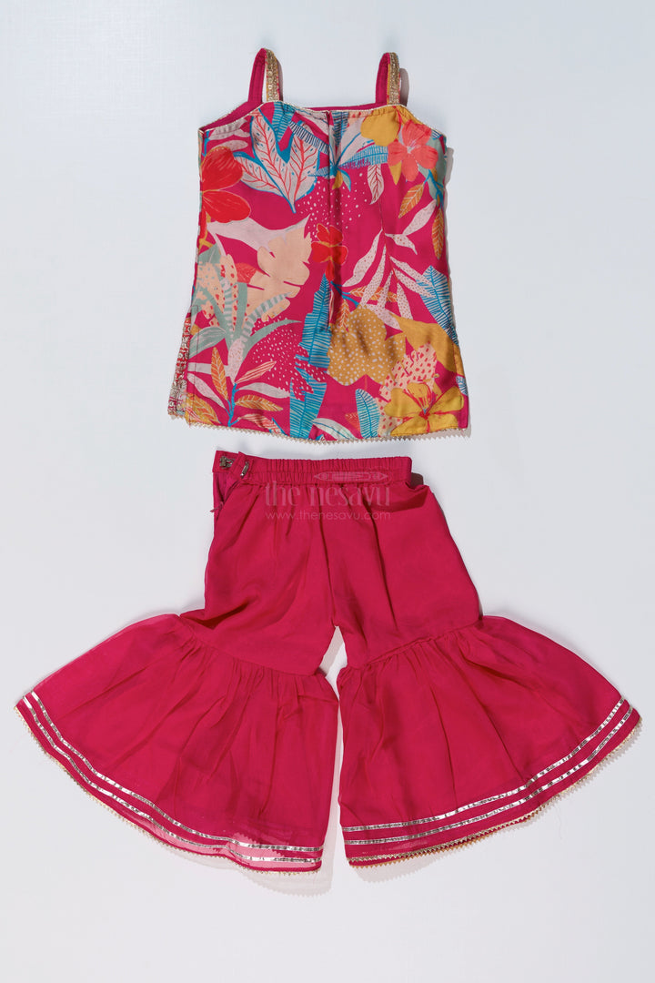 The Nesavu Girls Sharara / Plazo Set Trendy Pink Plazo with Kurti Set for Girls with Digital Floral Print and Embellished Dupatta Nesavu Trendy Pink Plazo Kurti Set Girls Digital Floral Print Embellished Dupatta | The Nesavu