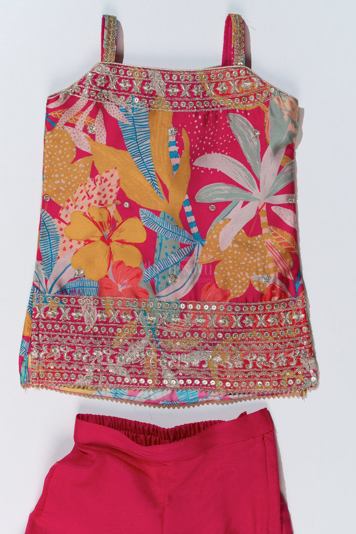 The Nesavu Girls Sharara / Plazo Set Trendy Pink Plazo with Kurti Set for Girls with Digital Floral Print and Embellished Dupatta Nesavu Trendy Pink Plazo Kurti Set Girls Digital Floral Print Embellished Dupatta | The Nesavu