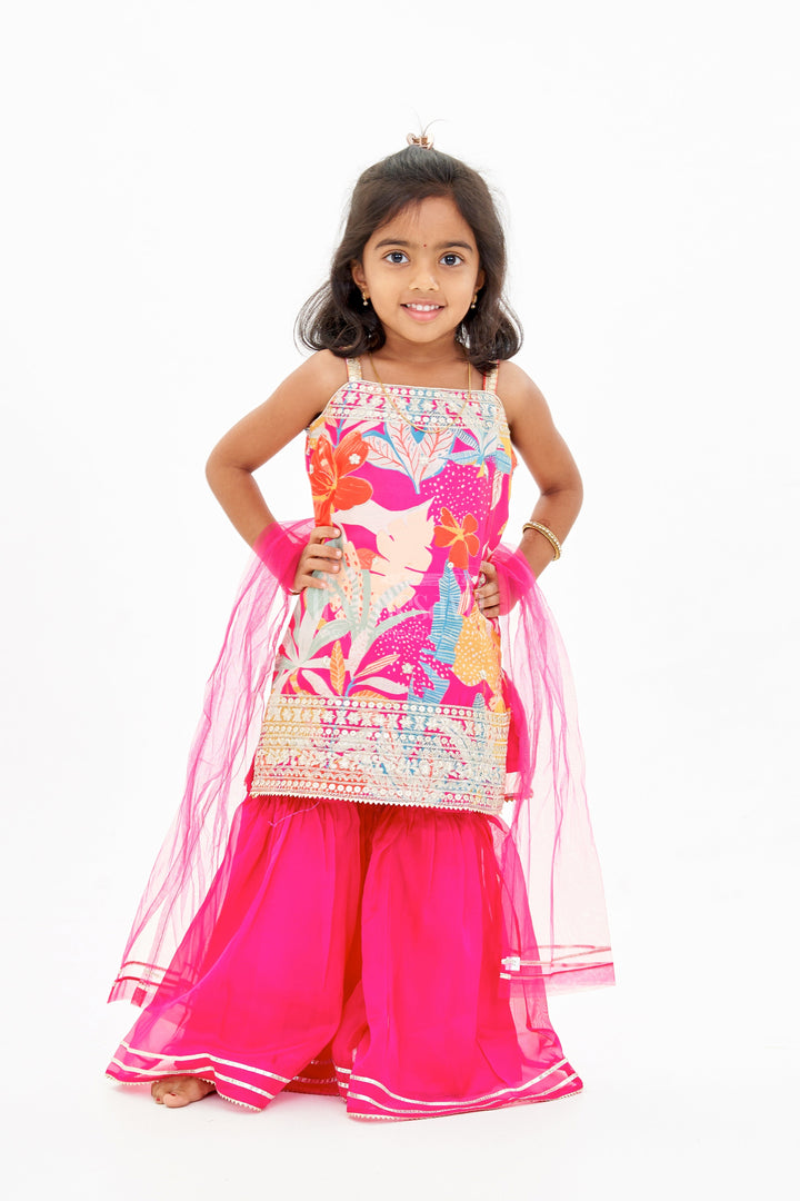 The Nesavu Girls Sharara / Plazo Set Trendy Pink Plazo with Kurti Set for Girls with Digital Floral Print and Embellished Dupatta Nesavu Trendy Pink Plazo Kurti Set Girls Digital Floral Print Embellished Dupatta | The Nesavu