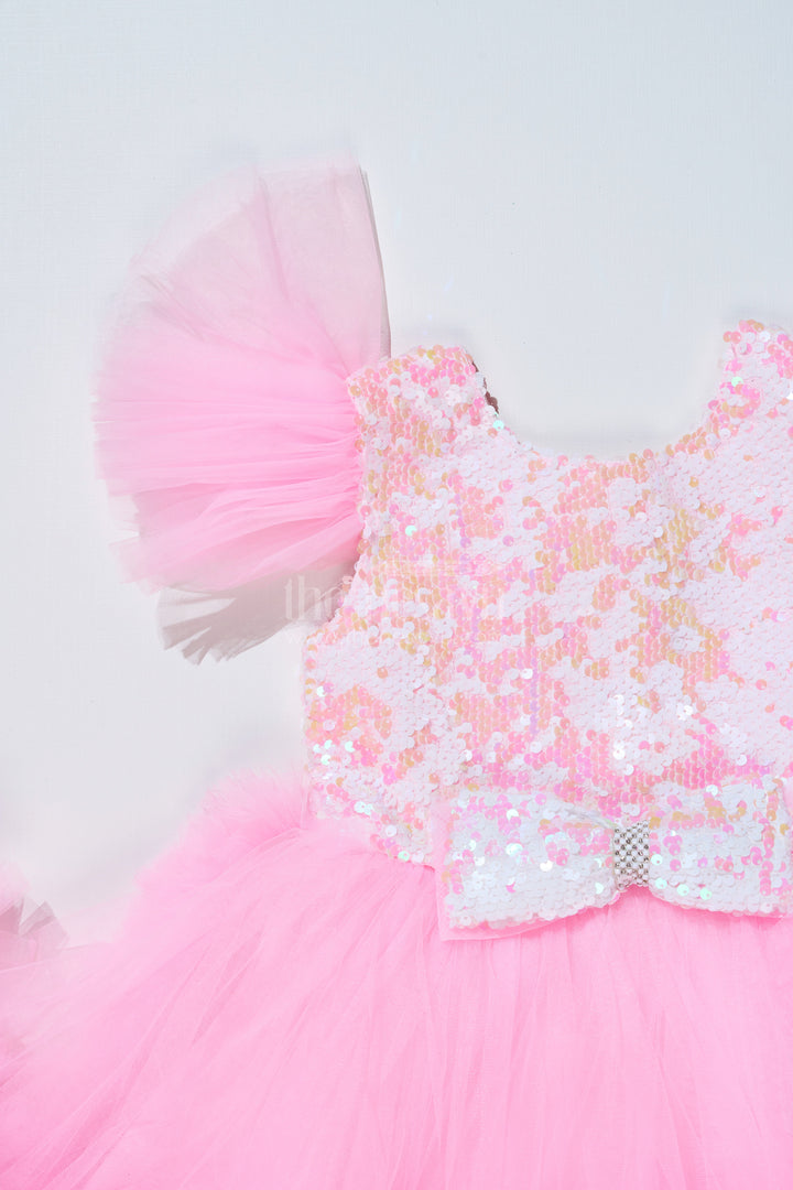 The Nesavu Girls Fancy Party Frock Trendy Pink Western Party Dress for Girls with Sequin Bow and High-Low Hem Nesavu Stylish Pink Western Party Dress Girls Sequin Bow High-Low Hem | The Nesavu