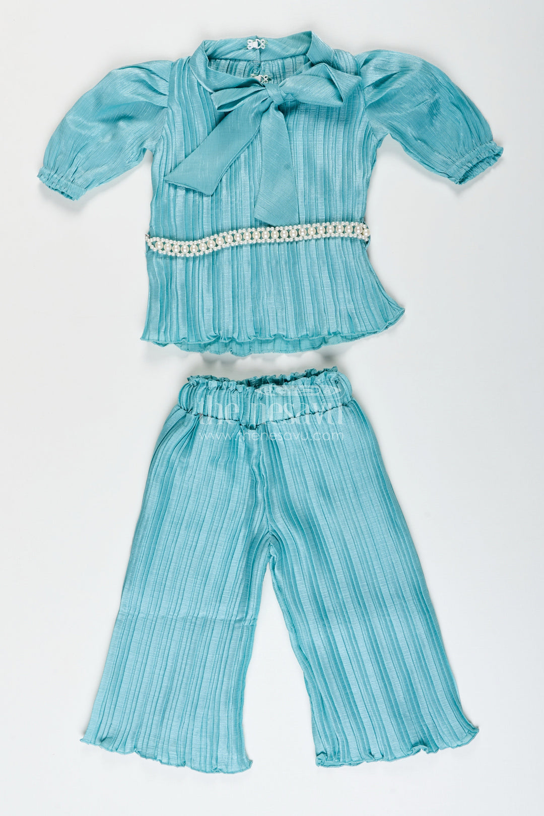 The Nesavu Girls Casual Set Trendy pleated georgette co-ord set for girls with crop top and wide-leg pants Nesavu 18 (2Y) / Blue GPS857B-18 Girls blue pleated georgette crop top pants set  Nesavu casual ethnic wear