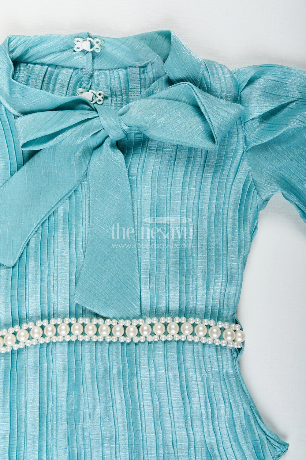 The Nesavu Girls Casual Set Trendy pleated georgette co-ord set for girls with crop top and wide-leg pants Nesavu Girls blue pleated georgette crop top pants set  Nesavu casual ethnic wear