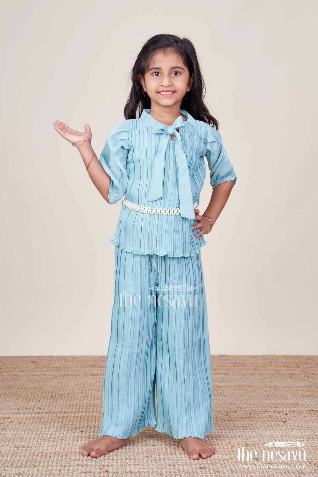 The Nesavu Girls Casual Set Trendy Pleated Georgette Co-Ord Set for Girls with Crop Top and Wide-Leg Pants Nesavu Girls blue pleated georgette crop top pants set  Nesavu casual ethnic wear