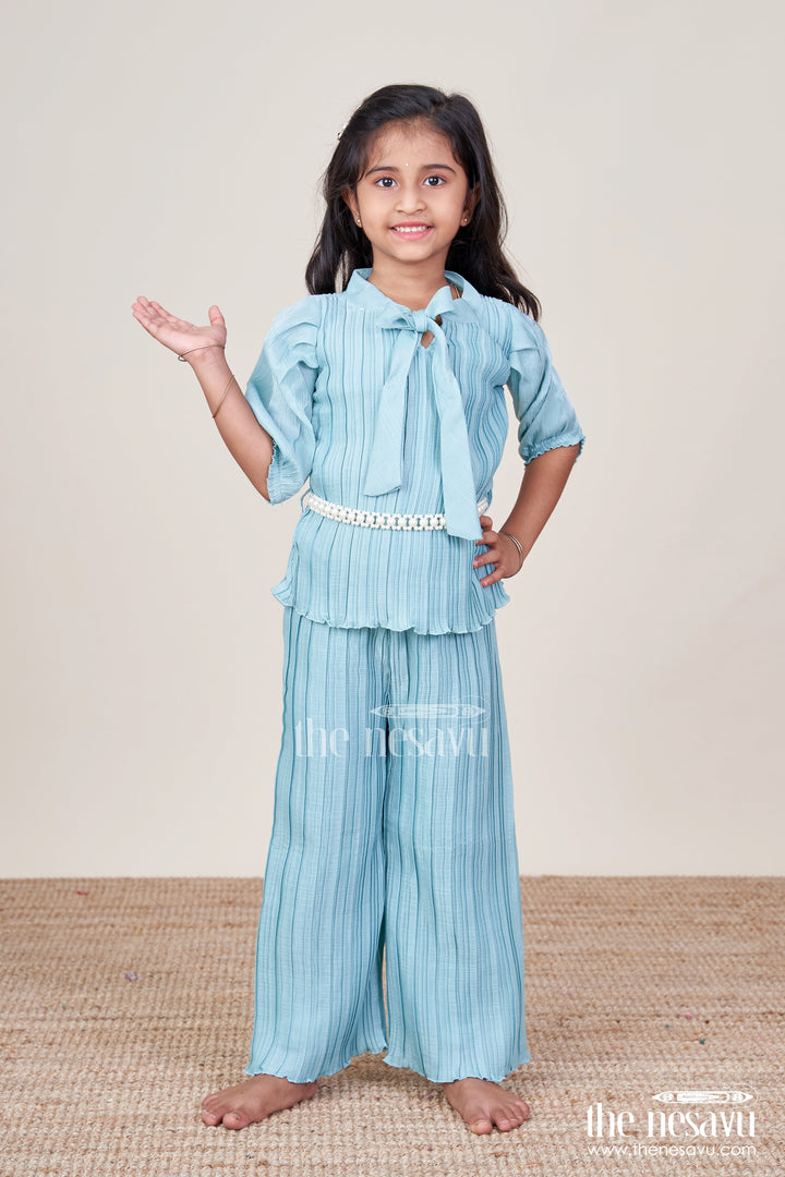 The Nesavu Girls Casual Set Trendy Pleated Georgette Co-Ord Set for Girls with Crop Top and Wide-Leg Pants Nesavu Girls blue pleated georgette crop top pants set  Nesavu casual ethnic wear