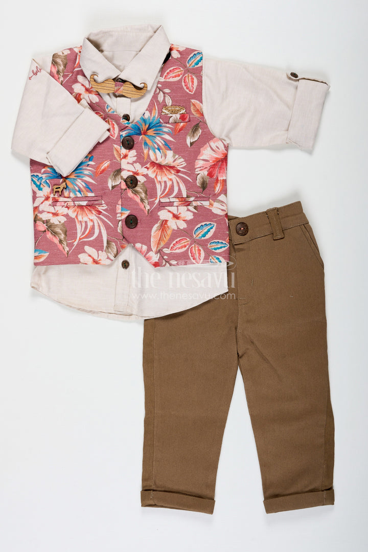 The Nesavu Boys Jacket Sets Trendy Shirt Set for Boys with Cream Shirt and Pink Floral Digital Print Jacket in Cotton Blend with Olive Pants Nesavu 16 (1Y) / Peach BCS223A-16 Shirt Trendy Boys Jacket Set with Pink Floral Digital Print and Olive Green Pants in Cotton Blend | The Nesavu