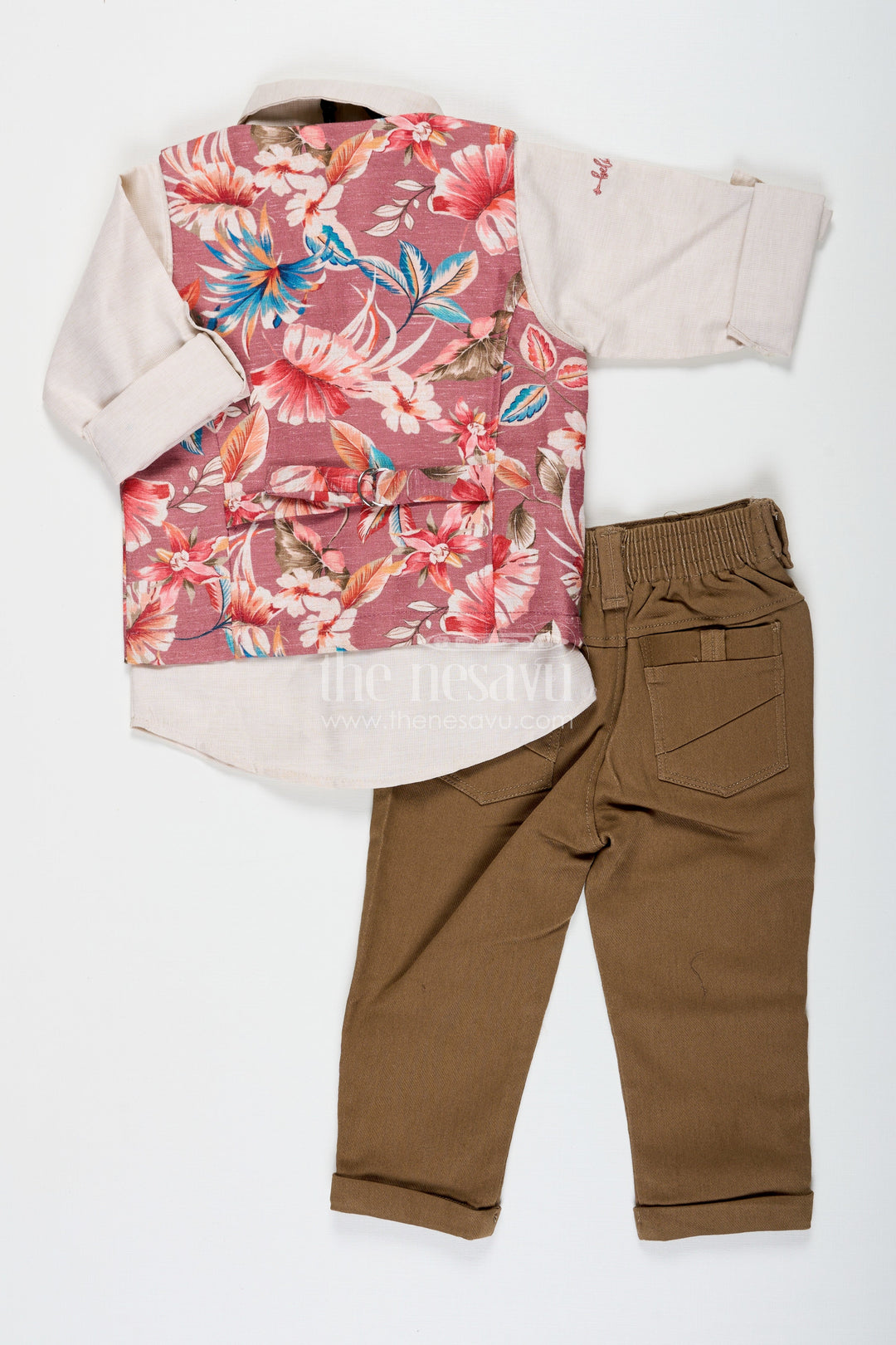 The Nesavu Boys Jacket Sets Trendy Shirt Set for Boys with Cream Shirt and Pink Floral Digital Print Jacket in Cotton Blend with Olive Pants Nesavu Shirt Trendy Boys Jacket Set with Pink Floral Digital Print and Olive Green Pants in Cotton Blend | The Nesavu