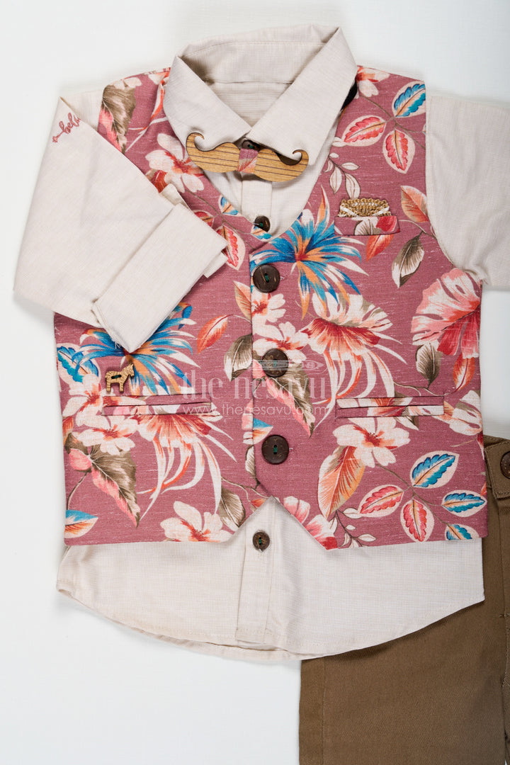 The Nesavu Boys Jacket Sets Trendy Shirt Set for Boys with Cream Shirt and Pink Floral Digital Print Jacket in Cotton Blend with Olive Pants Nesavu Shirt Trendy Boys Jacket Set with Pink Floral Digital Print and Olive Green Pants in Cotton Blend | The Nesavu
