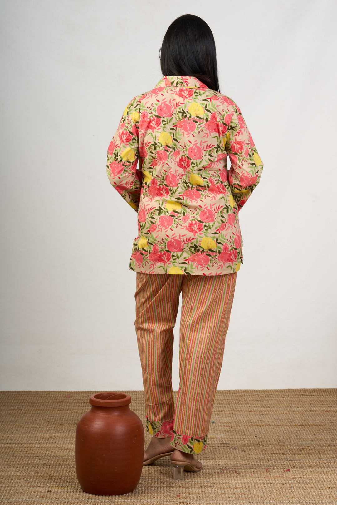 The Nesavu Womens Co-Ord Sets Trendy Women’S Cotton Co-Ord Set with Floral Print Shirt and Striped Pants Nesavu Womens Cotton Co-Ord Set Floral Print Shirt Striped Relaxed-Fit Pants | The Nesavu