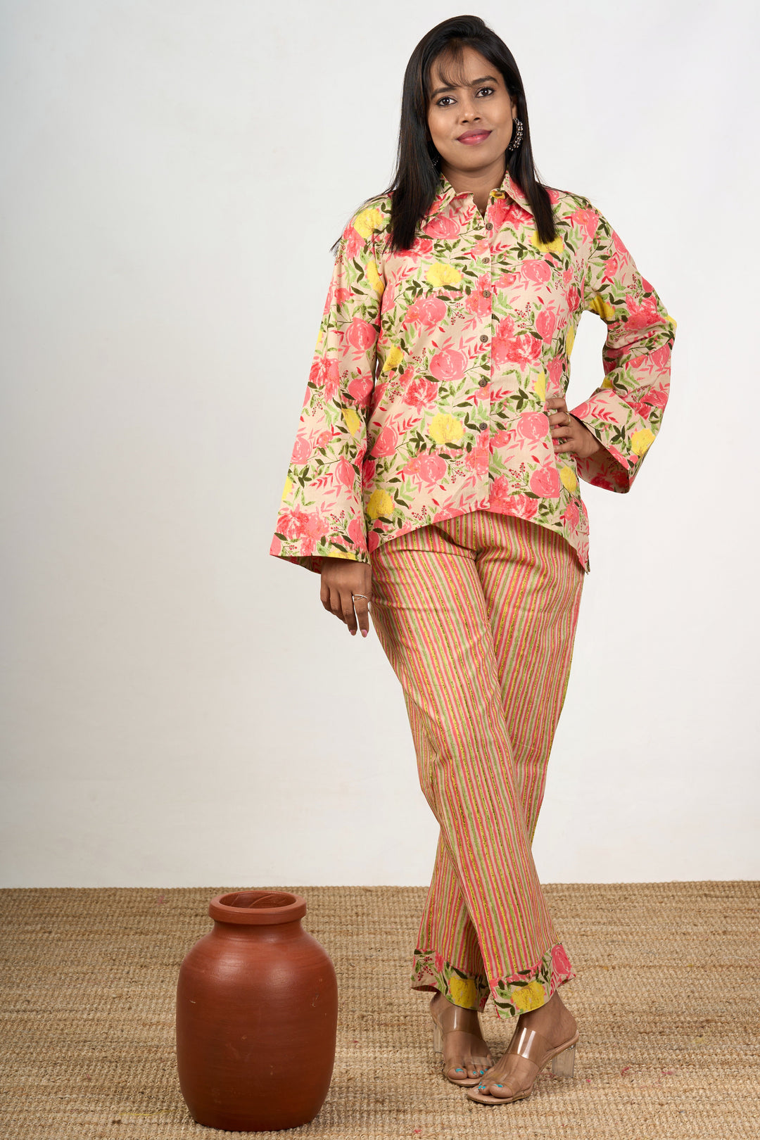 The Nesavu Womens Co-Ord Sets Trendy Women’S Cotton Co-Ord Set with Floral Print Shirt and Striped Pants Nesavu Womens Cotton Co-Ord Set Floral Print Shirt Striped Relaxed-Fit Pants | The Nesavu