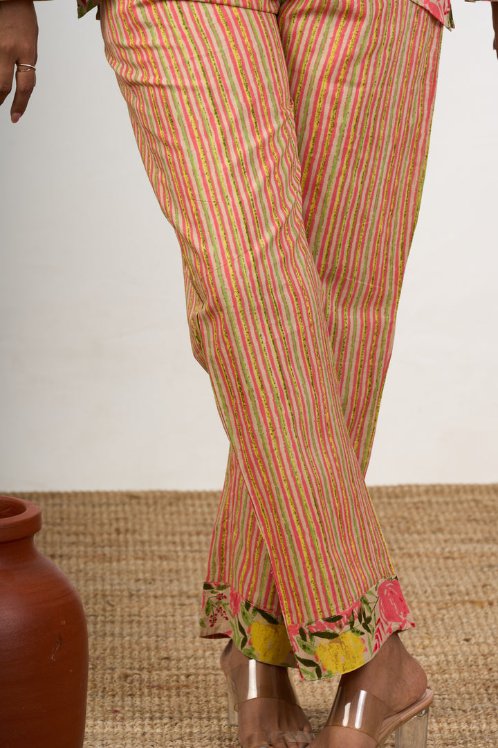 The Nesavu Womens Co-Ord Sets Trendy Women’S Cotton Co-Ord Set with Floral Print Shirt and Striped Pants Nesavu Womens Cotton Co-Ord Set Floral Print Shirt Striped Relaxed-Fit Pants | The Nesavu