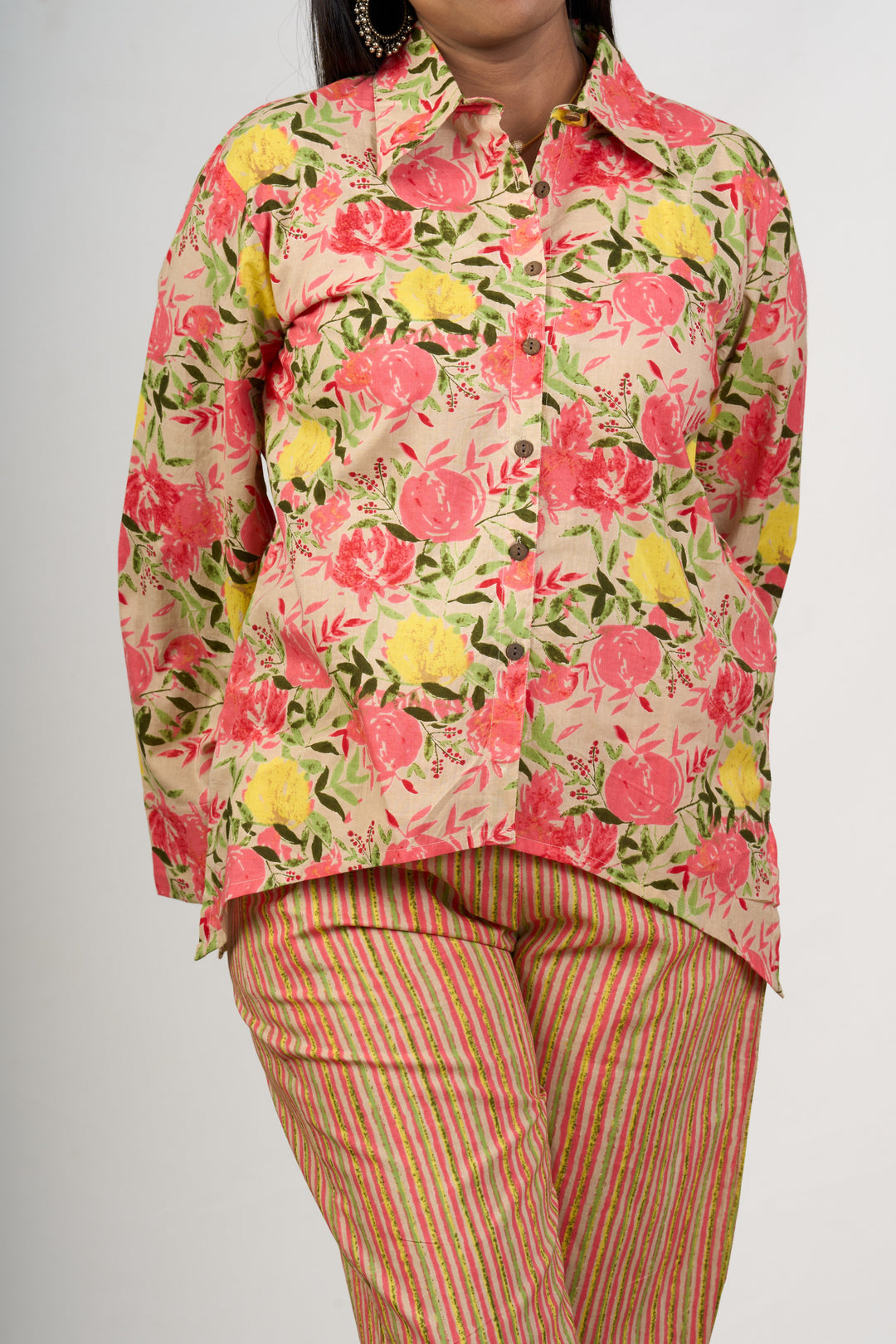 The Nesavu Womens Co-Ord Sets Trendy Women’S Cotton Co-Ord Set with Floral Print Shirt and Striped Pants Nesavu Womens Cotton Co-Ord Set Floral Print Shirt Striped Relaxed-Fit Pants | The Nesavu