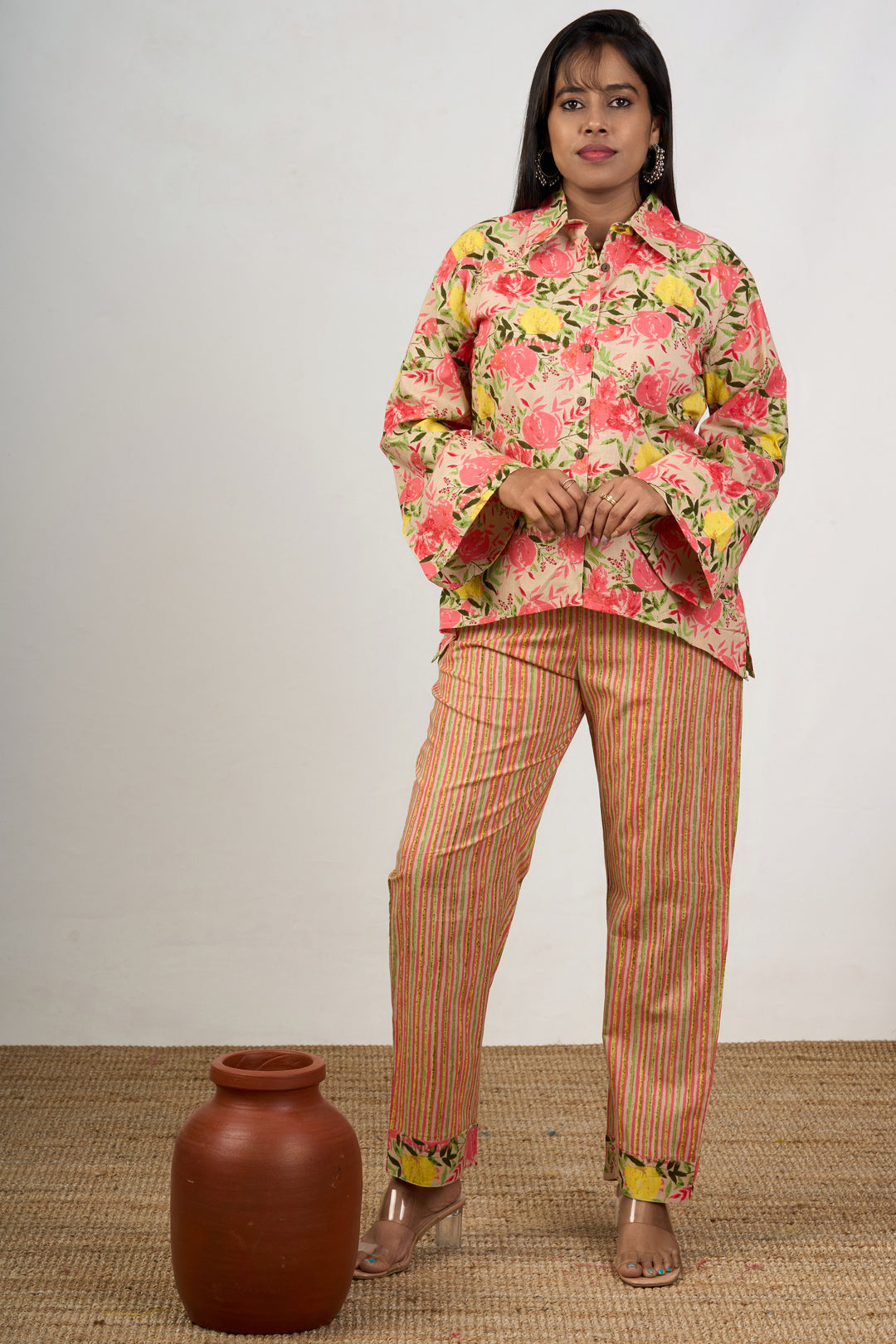 The Nesavu Womens Co-Ord Sets Trendy Women’S Cotton Co-Ord Set with Floral Print Shirt and Striped Pants Nesavu Womens Cotton Co-Ord Set Floral Print Shirt Striped Relaxed-Fit Pants | The Nesavu