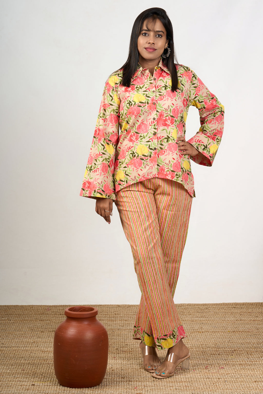 The Nesavu Womens Co-Ord Sets Trendy Women’S Cotton Co-Ord Set with Floral Print Shirt and Striped Pants Nesavu Womens Cotton Co-Ord Set Floral Print Shirt Striped Relaxed-Fit Pants | The Nesavu