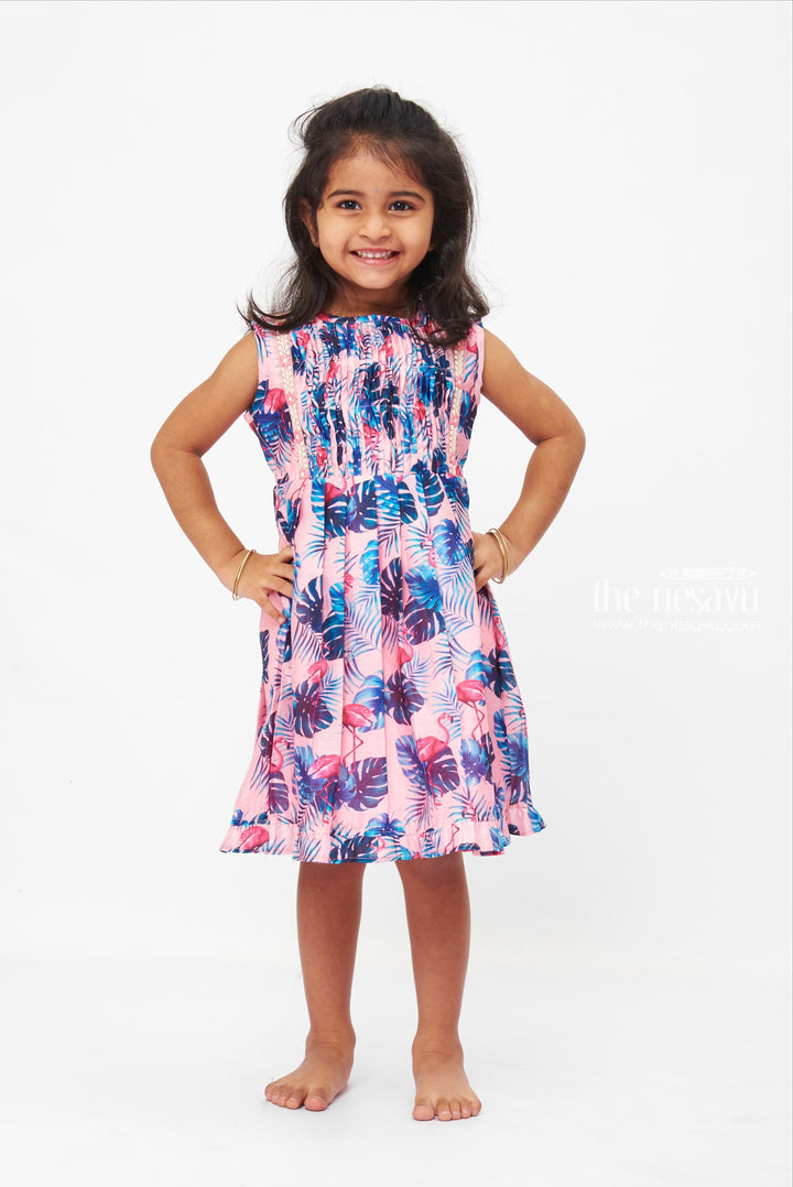 The Nesavu Girls Cotton Frock Tropical Flamingo Fiesta Dress: Playful Pink Frock with Lush Leaf Print for Girls Nesavu 12 (3M) / Pink GFC1202A-12 Girls Pink Flamingo Tropical Dress | Sleeveless Lace Trim Frock | Summer Party Wear | The Nesavu