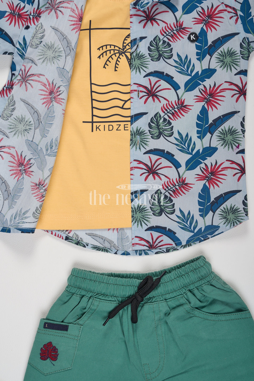 The Nesavu Boys Casual Set Tropical Gray Half Sleeve Shirt and Green Shorts Set for Boys Nesavu Tropical Gray Half Sleeve Shirt and Green Shorts Set for Boys - Nesavu