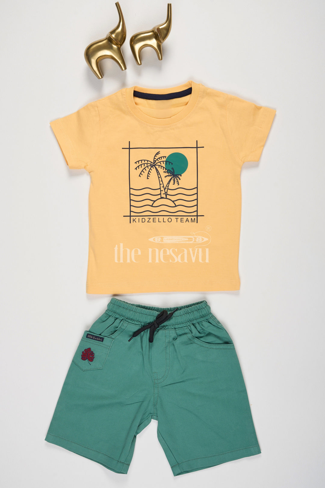 The Nesavu Boys Casual Set Tropical Gray Half Sleeve Shirt and Green Shorts Set for Boys Nesavu Tropical Gray Half Sleeve Shirt and Green Shorts Set for Boys - Nesavu